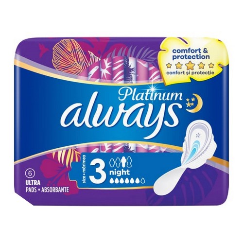 Always Ultra Platinum Ultra Night Size 3 Σερβιέτες με Φτερά, 6pcs
