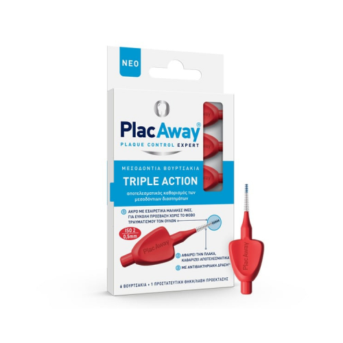 Plac Away Μεσοδόντια Βουρτσάκια Triple Action 0.5mm IS02 Κόκκινο, 6τμχ